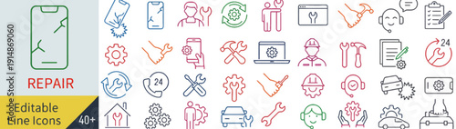Collection of Editable Line Icons Representing Repair and Technology Concepts