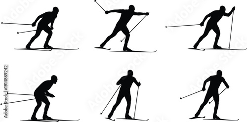 Cross country skiing silhouettes set, winter sport athletes skiing with poles isolated on white background vector