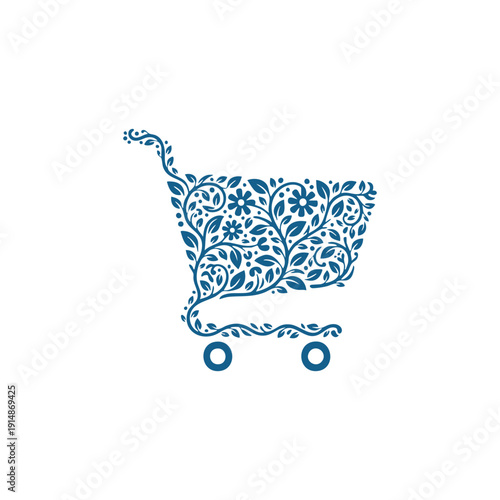 Blue shopping cart icon silhouette elegantly composed of growing floral vines, blooming flowers, and decorative leaves.