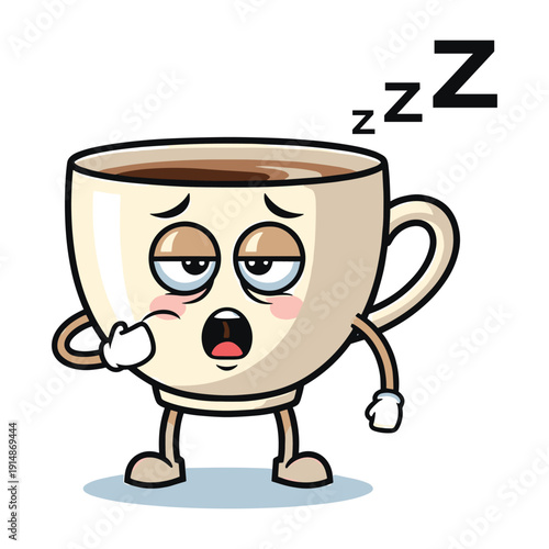 Cartoon coffee cup character yawning, feeling sleepy, with zzz symbols indicating sleep