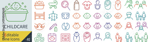 Collection of colorful childcare icons representing various activities and objects in a nursery setting from a straightforward viewpoint