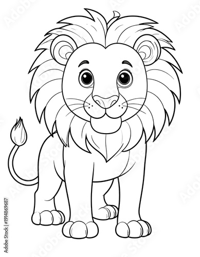 Line-art depiction of a friendly, cartoon lion facing the viewer, featuring a fluffy mane, detailed face, and stubby legs