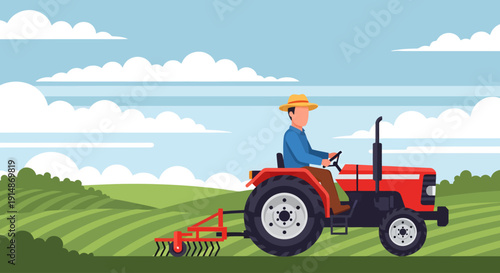 Under a stylized sky of billowing white clouds, a farmer in a yellow hat guides a red tractor across neatly striped rolling hills, preparing the lush earth in this serene flat vector landscape