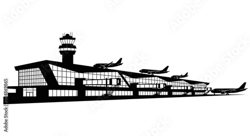Modern Airport Terminal with Airplanes Illustration

This image presents a modern airport terminal building with multiple airplanes positioned on the runway, symbolizing global travel and aviation inf