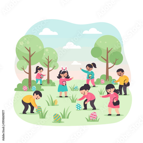 Children in a park picking up Easter eggs on a sunny day isolated on White Background