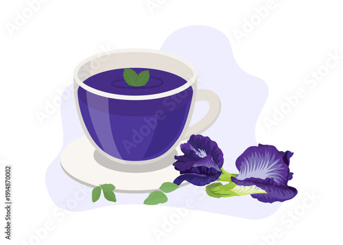 Butterfly Pea Flower Herbal Blue Tea with Mint Leaves Stock Illustration.