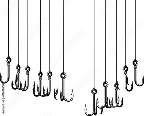 Fishing hook silhouette set hanging on lines, representing angling equipment, bait hooks collection, sport fishing tools, minimal black vector illustration