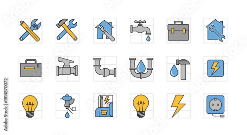 Tools and repair service icon collection featuring maintenance equipment, technical tools, and repair service symbols designed for industrial, mechanical, and service-related projects. This flat desig