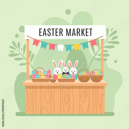 Easter market stand with bunnies and eggs isolated on White Background