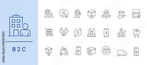 Business To Consumer Icon Set containing B2C, customer, business, selling, distributor, direct selling, reseller, wholesaler, middleman, transaction, e commerce, online transaction vector icons