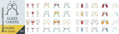 Collection of various glass icons representing celebration and toasting in different styles and colors displayed together