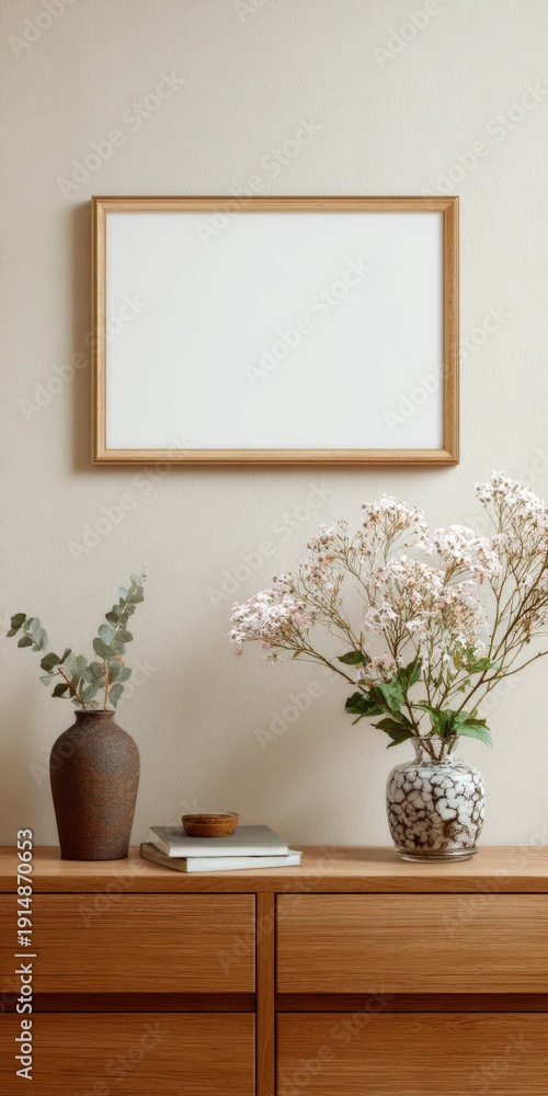 Fototapeta premium Blank frame mockup on wooden dresser with flowers