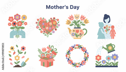 Mother's Day Flat Design Icons: Flowers, Hearts, Gifts & Family