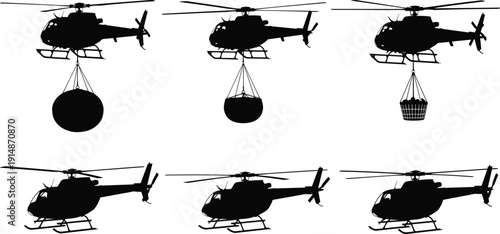 Helicopter silhouette set illustration, aerial transport aircraft with cargo, rescue operations, aviation icons, black white vector, flavector