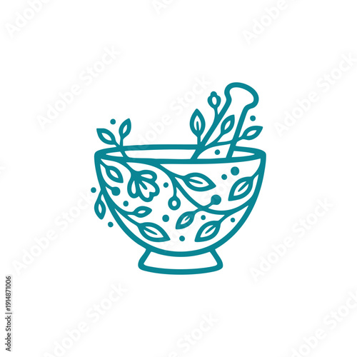 Traditional mortar and pestle silhouette icon creatively decorated with elegant floral vines, organic leaves, and botanical patterns in teal vector line art.