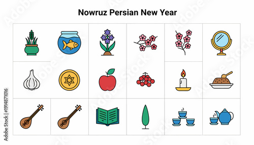 Nowruz Persian New Year Icons: Haft-Seen Symbols, Celebration, Spring Equinox