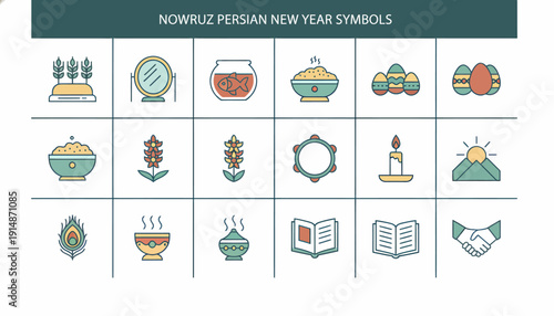 Nowruz Persian New Year Symbols Flat Icons Set