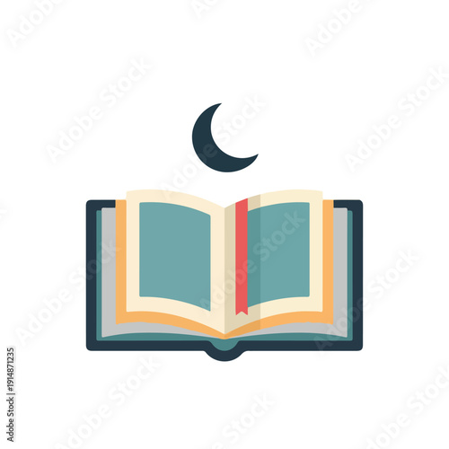 An open book with a crescent moon above it, symbolizing knowledge and nighttime reading or study.