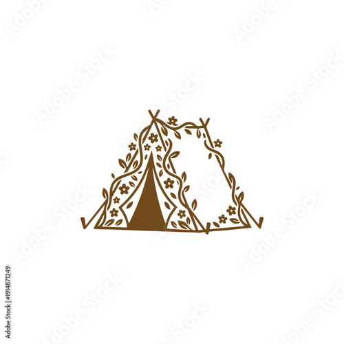 Rustic camping tent silhouette icon elegantly decorated with organic floral vines, leaves, and small blooming flowers in brown vector line art.