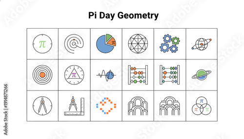 Pi Day Geometry Icons: Math, Science, Education, Circles, Shapes