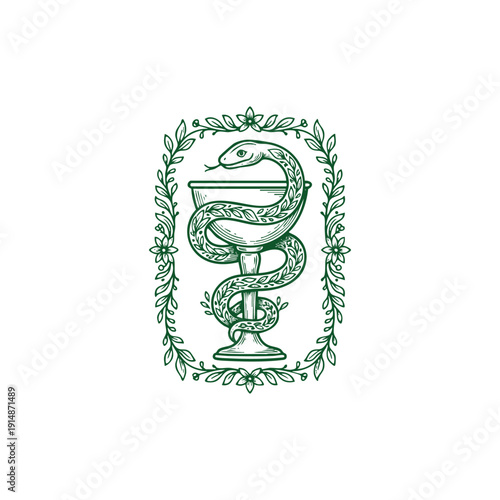 Medical pharmacy symbol (Bowl of Hygieia) featuring a snake coiled around a chalice, intricately decorated with green floral patterns and enclosed in a botanical wreath