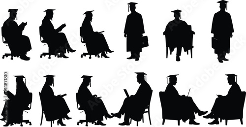 Graduation student silhouette set, graduates wearing gown and cap, sitting in chair reading book, using laptop, standing with briefcase, academic success celebration.