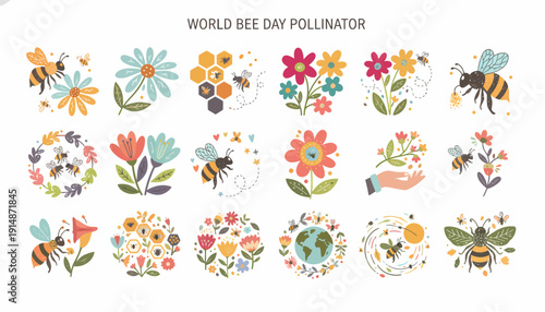 World Bee Day Pollinator: Bees, Flowers, Honeycomb, and Earth Illustration Collection