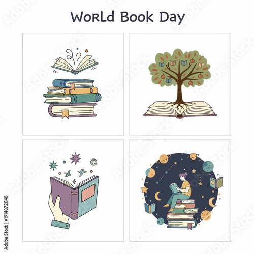 World Book Day illustrations: Stacked books, tree of knowledge, reading, and cosmic journey