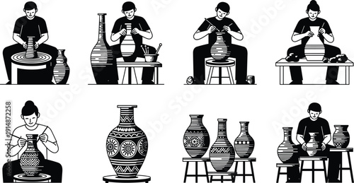 Pottery making process illustration featuring ceramic artists shaping clay vases on wheel black white hand drawn vector craft workshop set