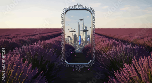 Futuristic cityscape reflected in ornate mirror amidst purple landscape