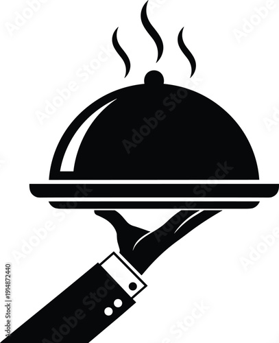 Restaurant service cloche icon waiter hand silhouette hospitality catering food delivery logo vector black minimal
