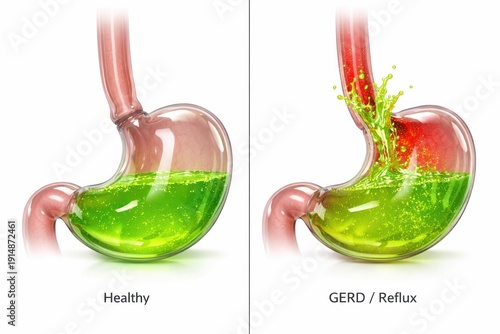 GERD Acid Reflux medical diptych shows healthy lower esophageal sphincter closed versus weak open valve with acid splashing into esophagus, gastroenterology pathology render