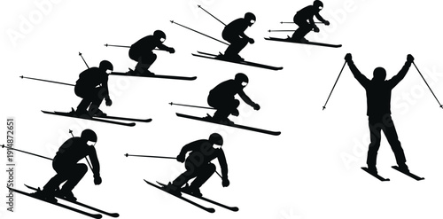 Skier silhouette set illustration, downhill skiing action poses, winter sport athletes, snow adventure, black white vector, flavector