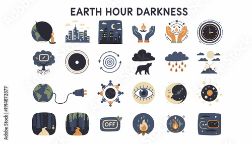 Earth Hour Darkness Icons: Planet, City, Nature, Energy, Time