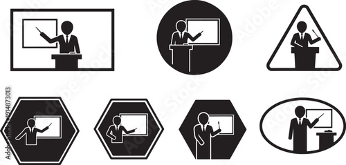 Instructional design elements featuring speaker silhouettes at podiums with screen backgrounds enclosed in geometric shapes for corporate briefing or educational conference usage