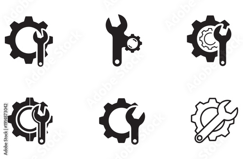 Industrial maintenance and technical support icons featuring gears combined with wrench tools for engineering repair service mechanical configuration and settings menu interface