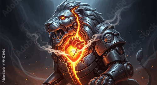 Robotic lion with glowing heart and fiery core in dark fantasy scene