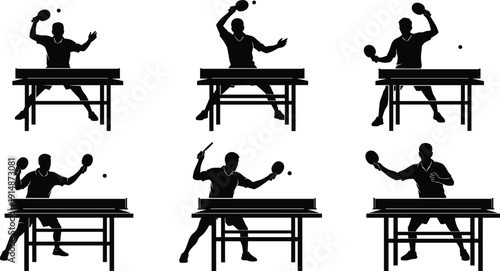 Table tennis player silhouette collection featuring ping pong sport action poses black white vector illustration isolated athlete game set