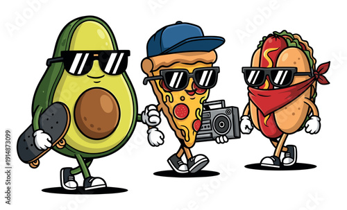 Cool avocado pizza and hot dog characters wearing sunglasses, hip hop style, ready for party.