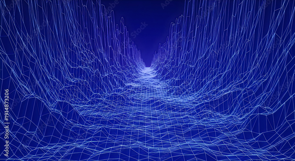 Fototapeta premium Abstract blue wireframe landscape with mountains and valleys, digital topography, retro-futuristic virtual reality