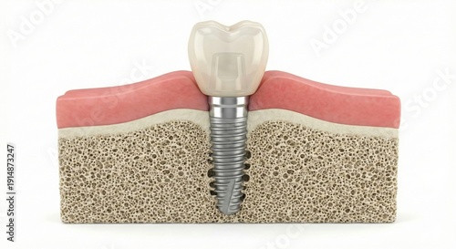 Dentistry dental implant restoration cross section shows titanium screw integrated in jawbone with abutment and ceramic crown, healthy gingiva surrounding implant neck