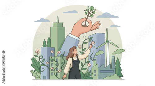 Green City Concept: Sustainable Urban Development and Environmental Protection. Vector Illustration of Woman Planting in Modern Eco-Friendly Skyline.