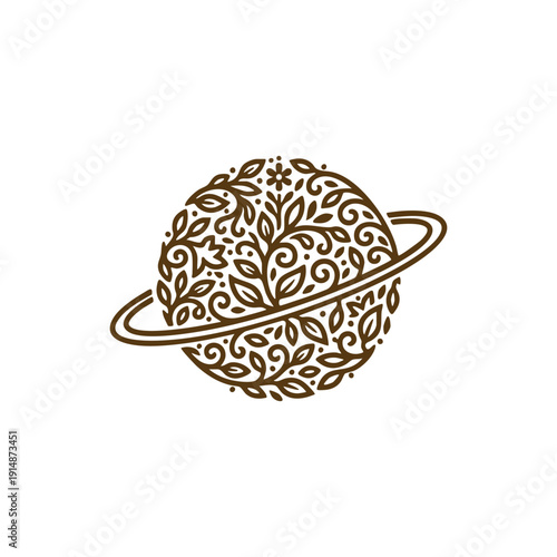 Eco friendly planet Saturn illustration with decorative floral and leaf patterns, sustainable universe and nature concept isolated on white background