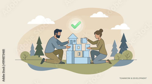 Successful Teamwork Collaboration Illustration. Man and Woman Building a House Structure with Blocks, Achieving Project Development Goals.