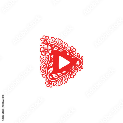 Red play button icon decorated with floral and leaf patterns, creative multimedia and nature content concept isolated on white background.