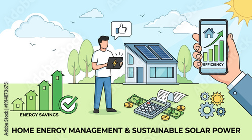 Smart Home Solar Energy Management Illustration: Efficiency Tracking, Savings, and Sustainable Power Technology.