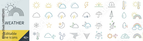 Collection of Editable Weather Icons Featuring Various Climatic Conditions and Symbols