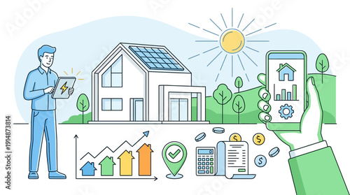 Smart Home Energy Management System with Solar Panels. Line art illustration of man monitoring efficiency, property value growth, and green finance using apps.
