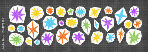 Starburst cutouts with rough texture and irregular shapes. Grunge collage elements for scrapbook pages, journal spreads, and creative designs. Vector illustration.