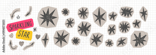 Torn paper star cutouts with grunge texture. Handmade collage elements for journal pages, scrapbook designs, and creative sticker collections. Vector illustration.